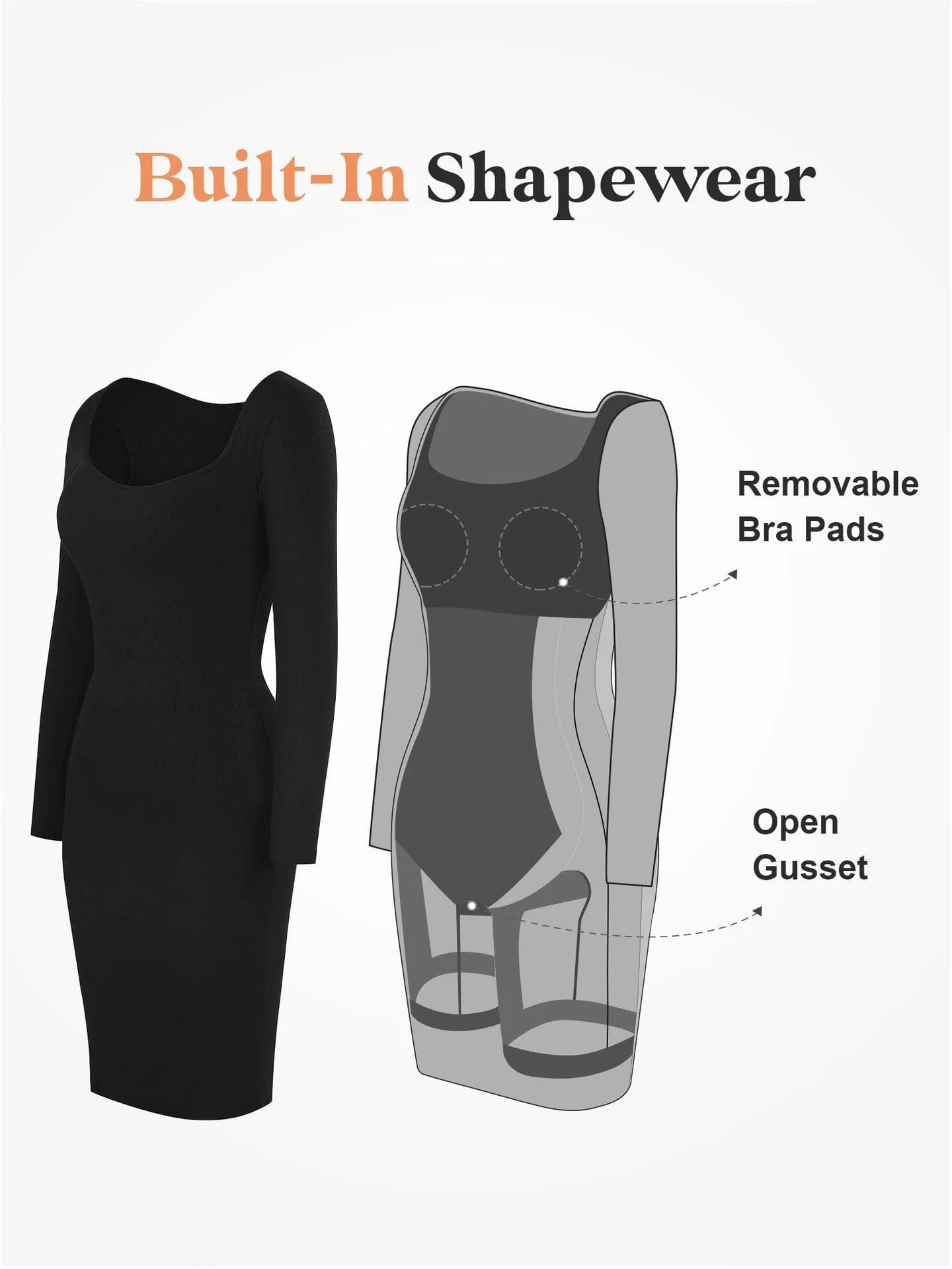 FitGlam® Mid-Dress with built-in shapewear, long sleeves