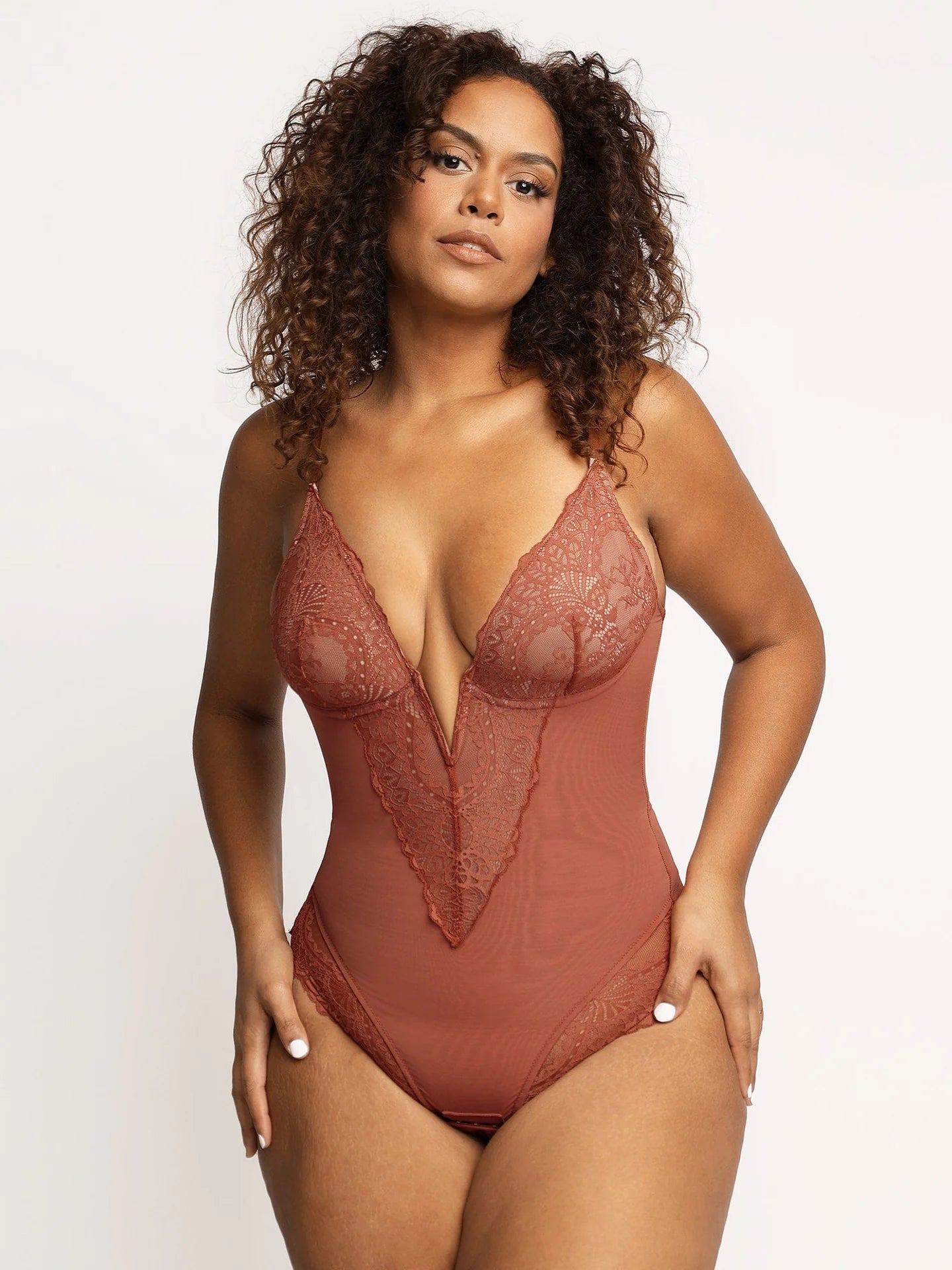 FitGlam® sexy lace bodysuit with deep collar