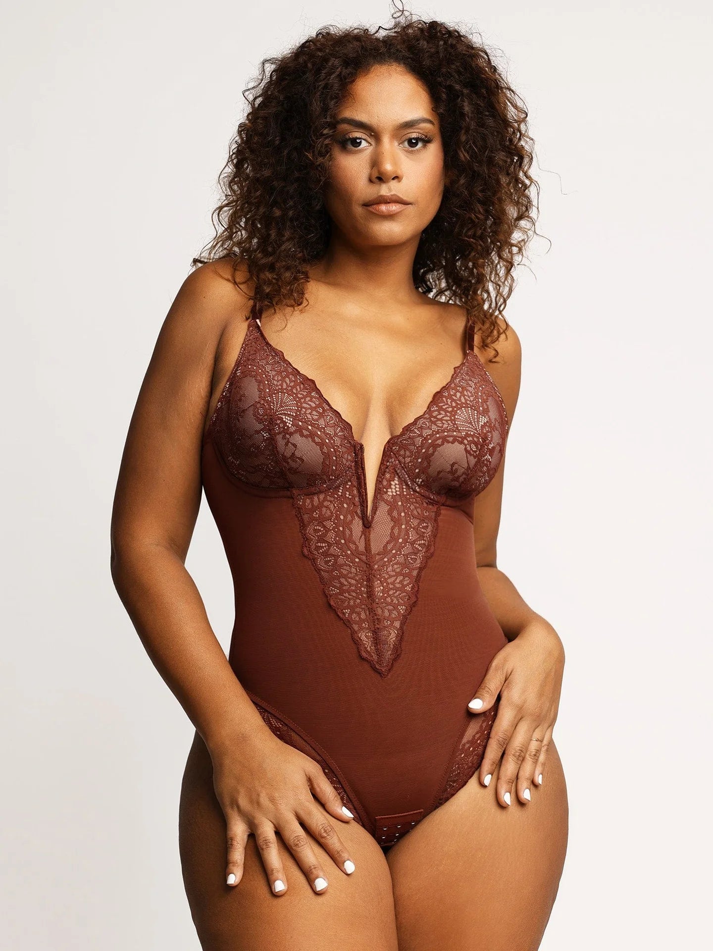FitGlam® sexy lace bodysuit with deep collar