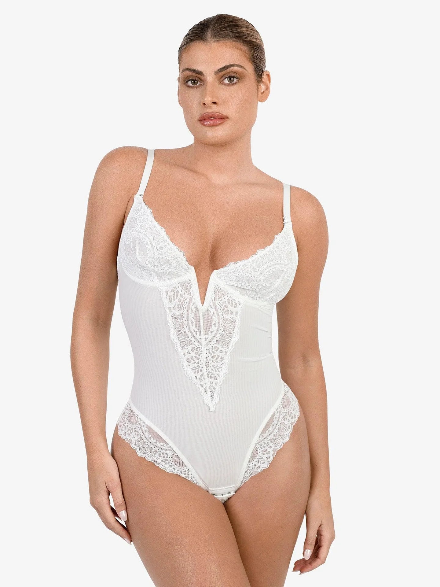 FitGlam® sexy lace bodysuit with deep collar