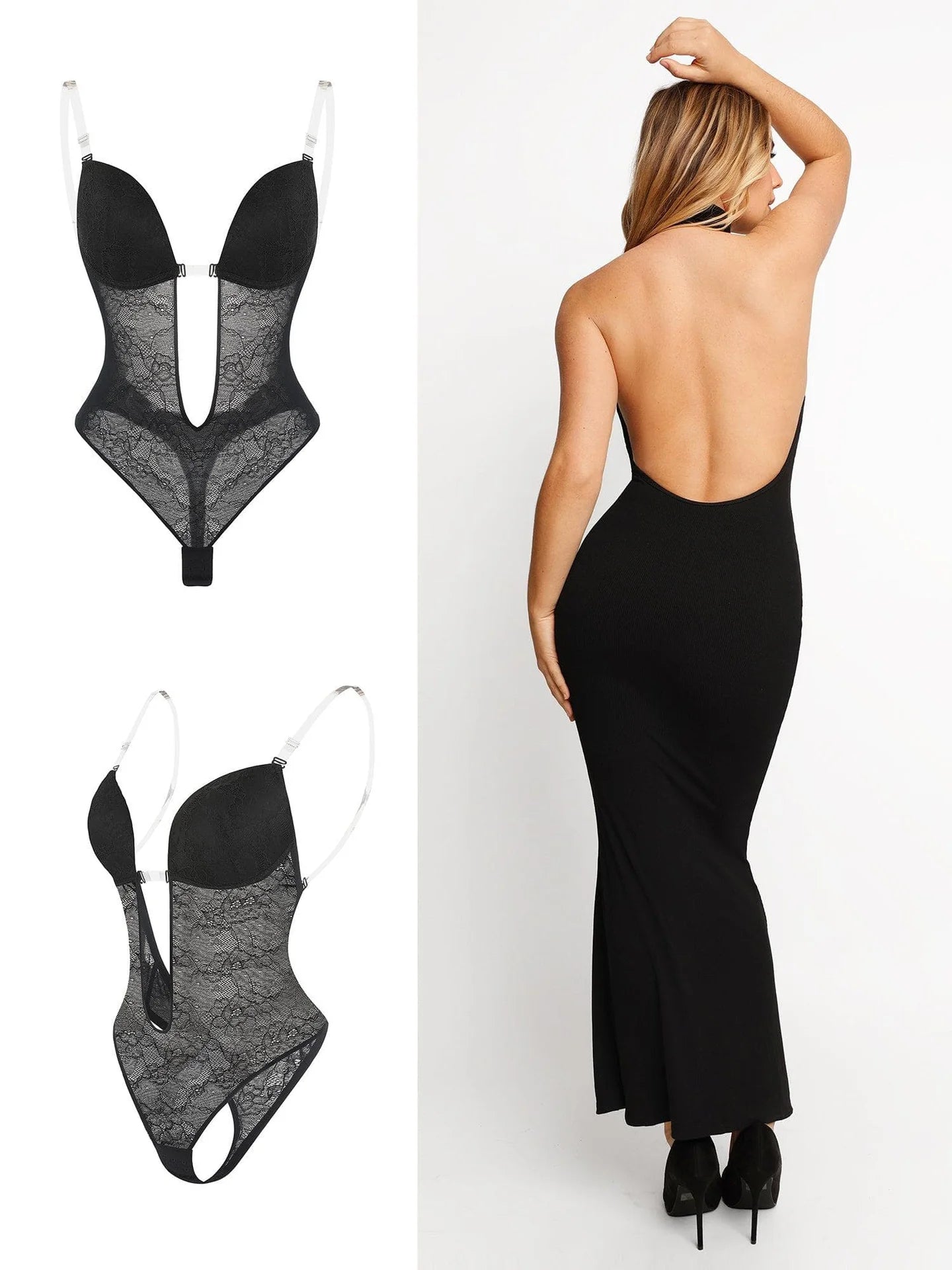 Bodysuit FitGlam® lace thong with plunging U-shaped back