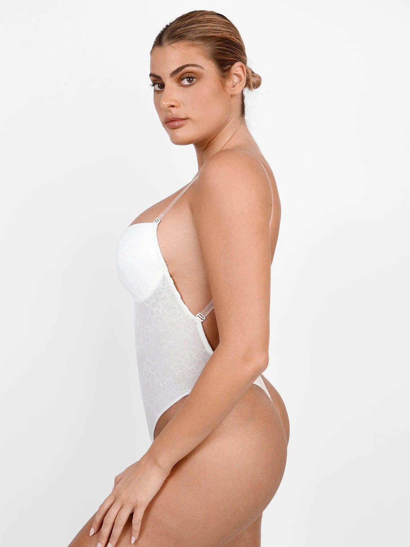 Bodysuit FitGlam® lace thong with plunging U-shaped back