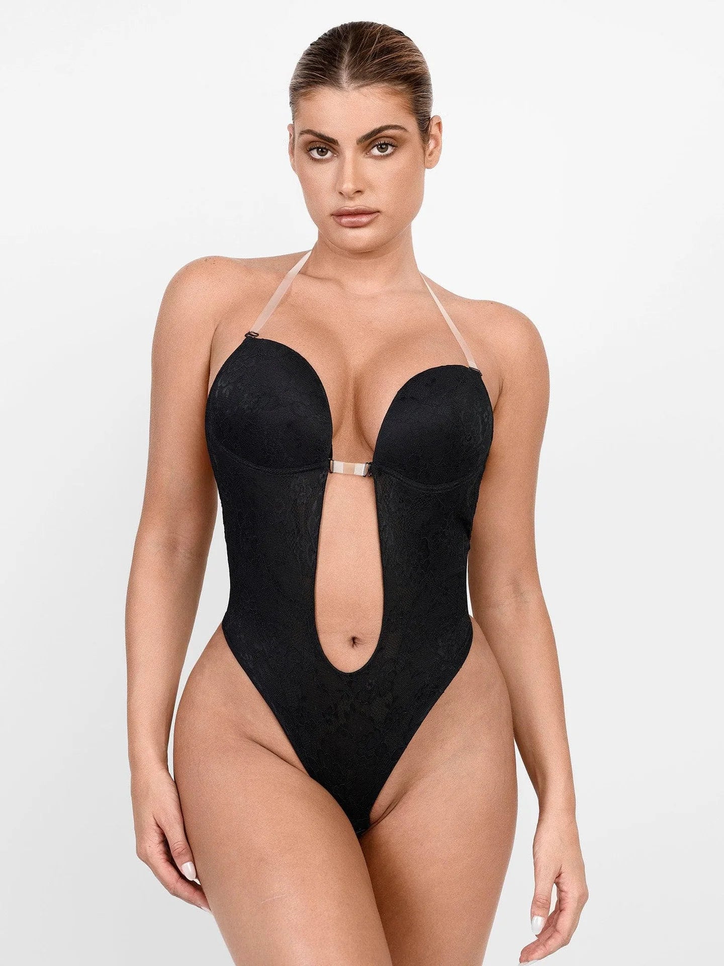 Bodysuit FitGlam® lace thong with plunging U-shaped back