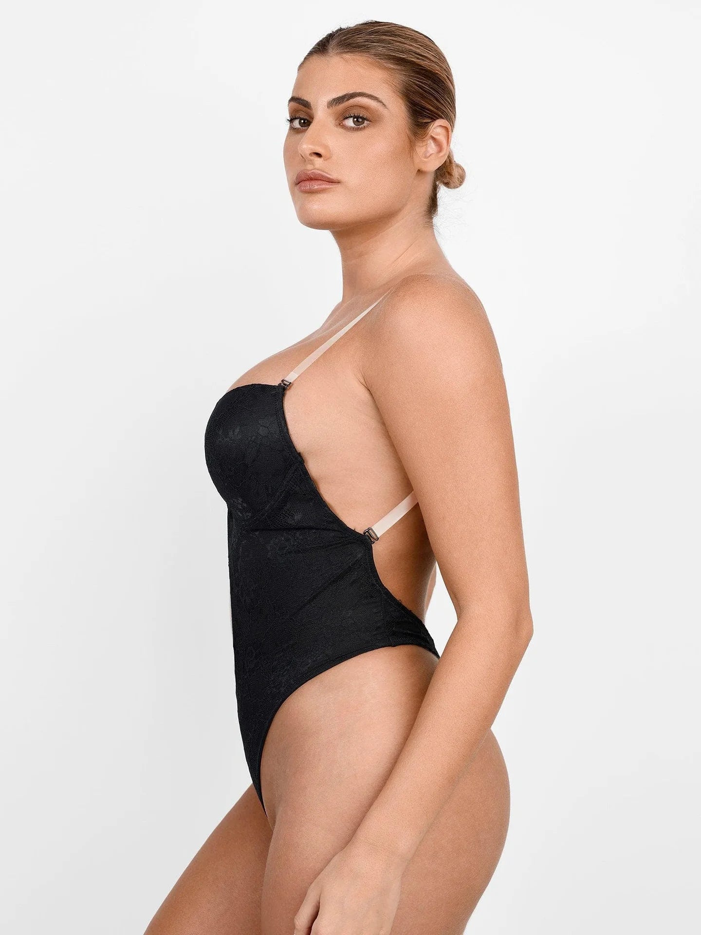 Bodysuit FitGlam® lace thong with plunging U-shaped back