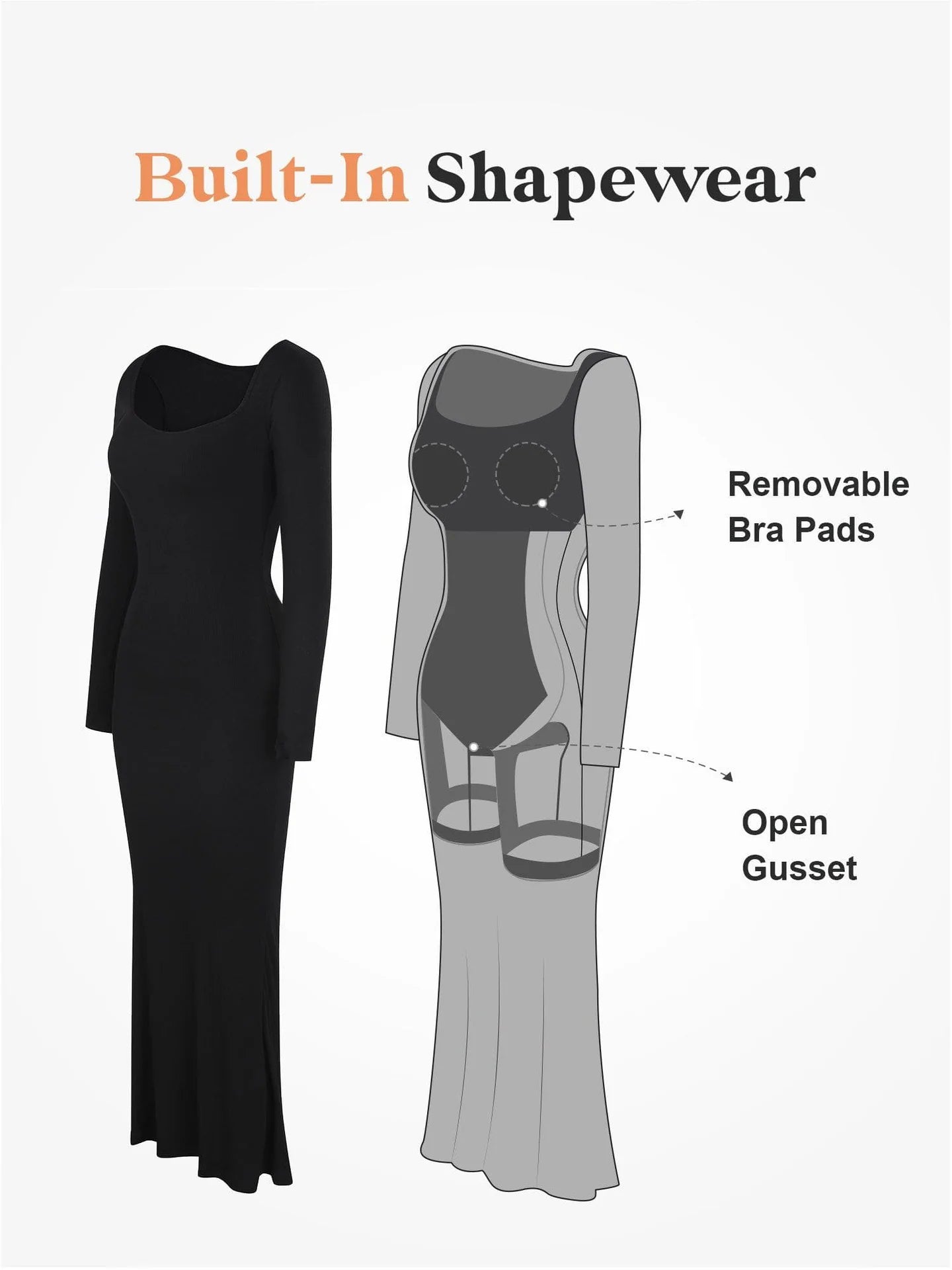 FitGlam® Maxi-Dress with built-in shapewear, long sleeves